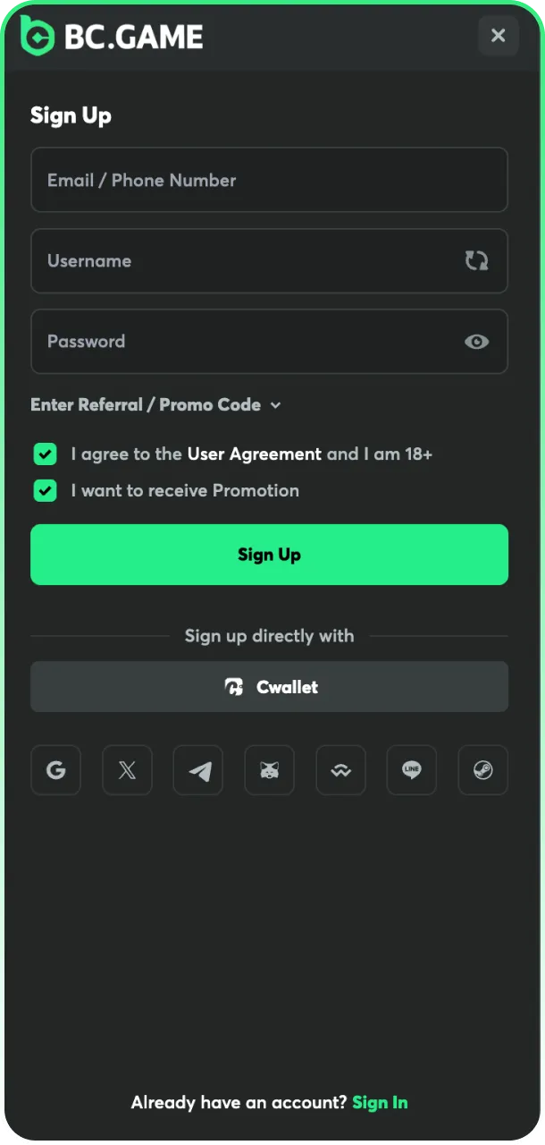 Choose your registration method to create a BC Game account.